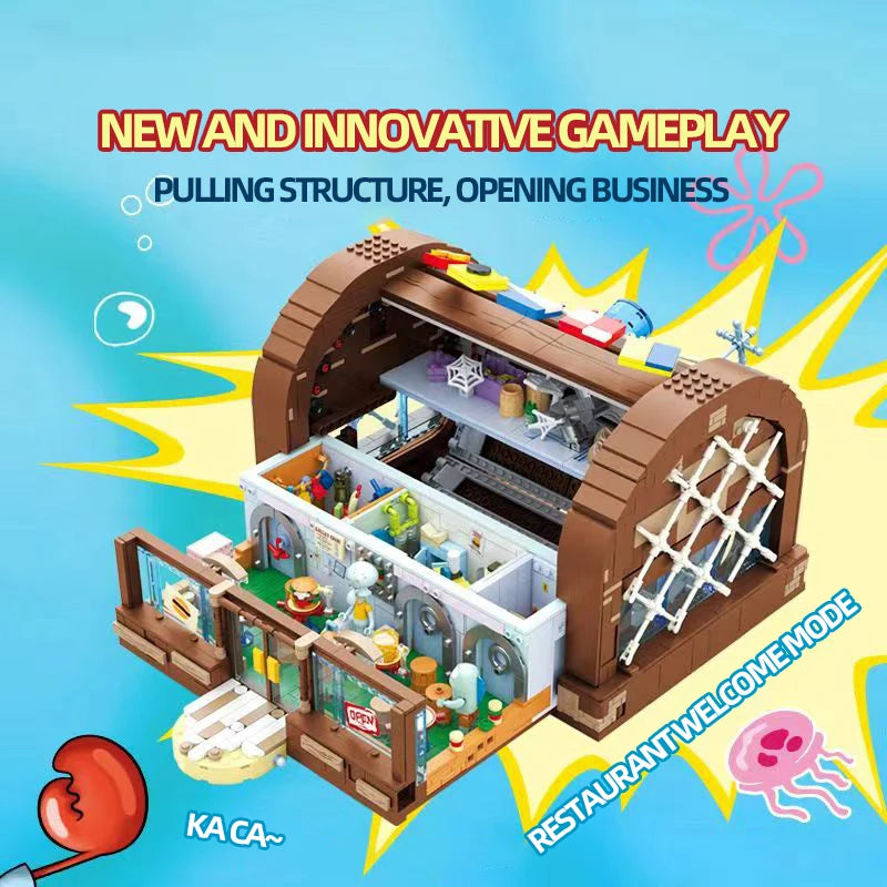 Spongebob Cartoon Krusty Krab Restaurant Building Blocks Creative Canteen Scenes Model Bricks Desktop Ornaments Fans Toys Gifts