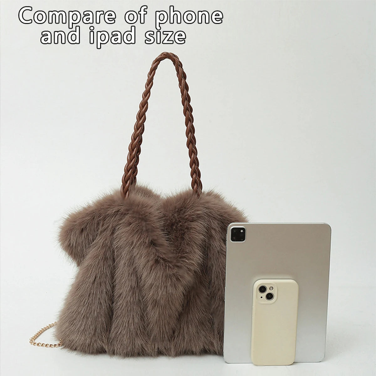 Plush Pleated Faux Fur Large Tote – High-End Crossbody with Metal Chain
