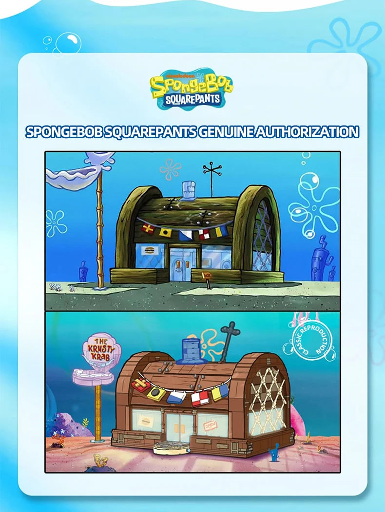 Spongebob Cartoon Krusty Krab Restaurant Building Blocks Creative Canteen Scenes Model Bricks Desktop Ornaments Fans Toys Gifts