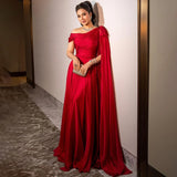 Sharon Said Red Off-Shoulder Satin Evening Gown with Bow Cape