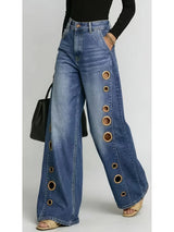 Wide-Leg Metallic Eyelet Jeans – High-Waist Denim