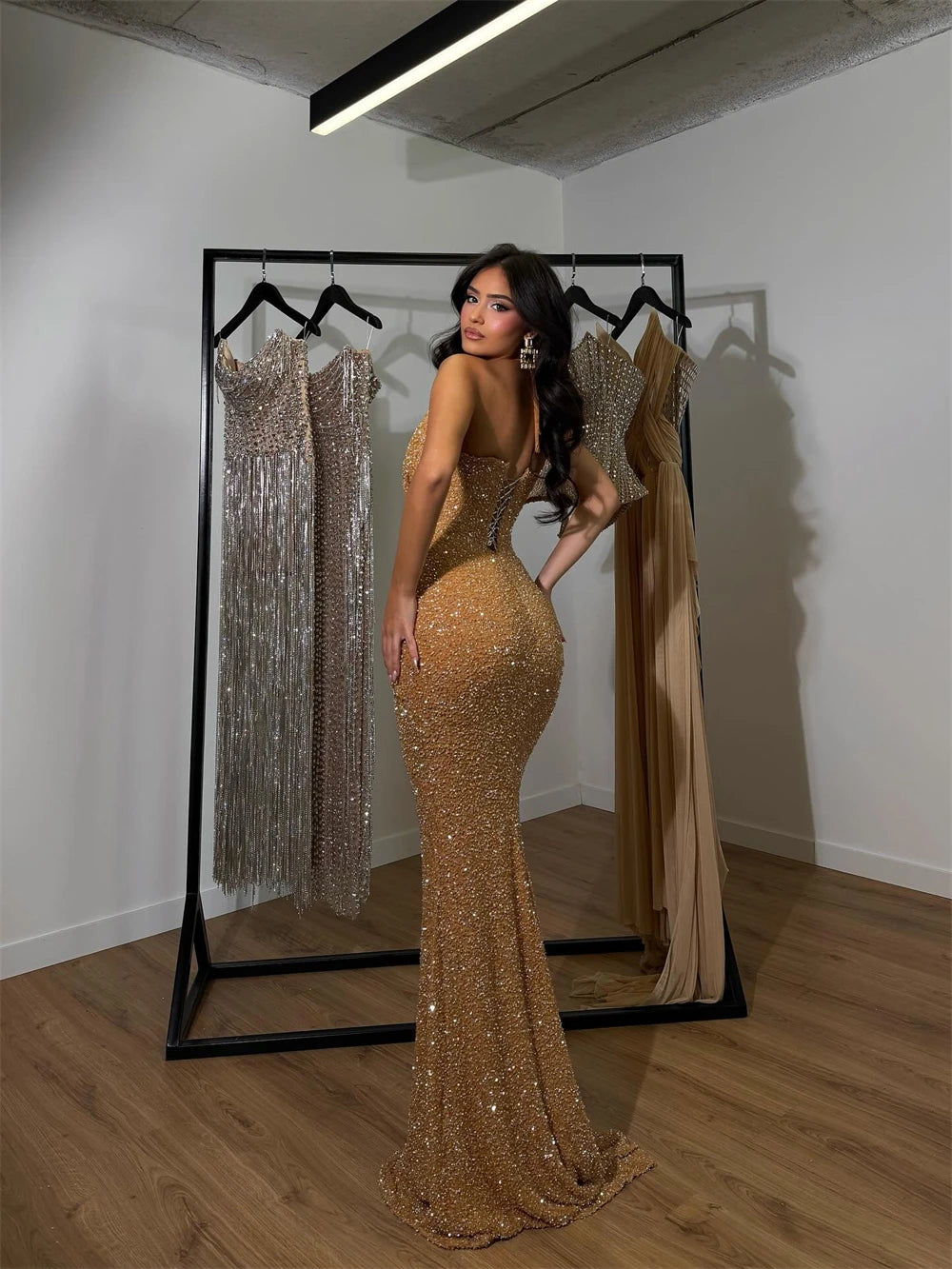 Mila Golden Glitter Formal Gown | Lace & Silk Evening Dress