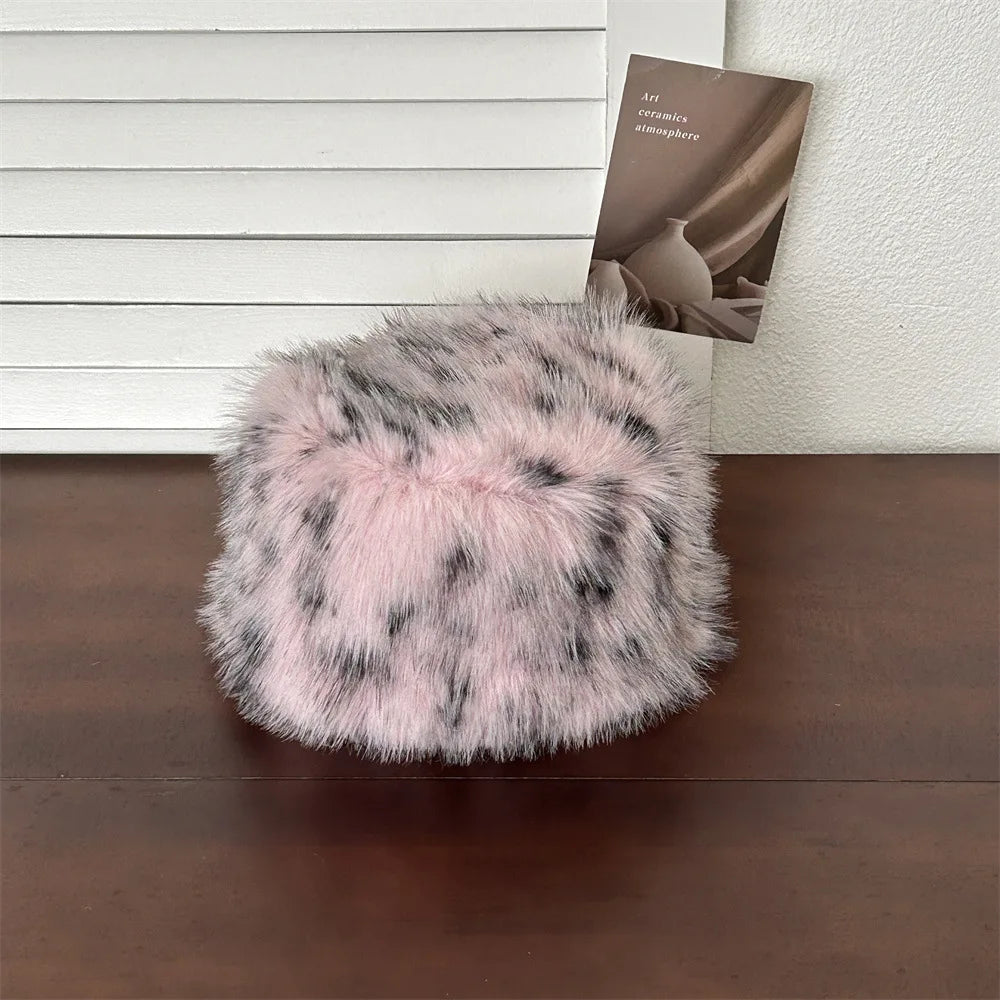 Faux Fur Hat for women for Winter leopard print hat Thickened Russian warm hat women Personality mongolian hat Fishermen Hat