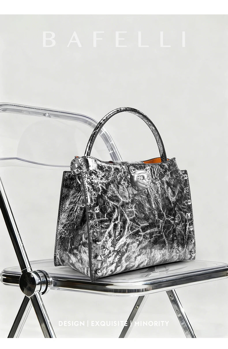 2026 New Top Layer Cowhide Leather Rivet Handbag Adjustable Shoulder Strap Crossbody Handbag