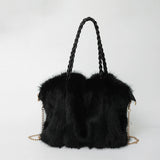 Plush Pleated Faux Fur Large Tote – High-End Crossbody with Metal Chain