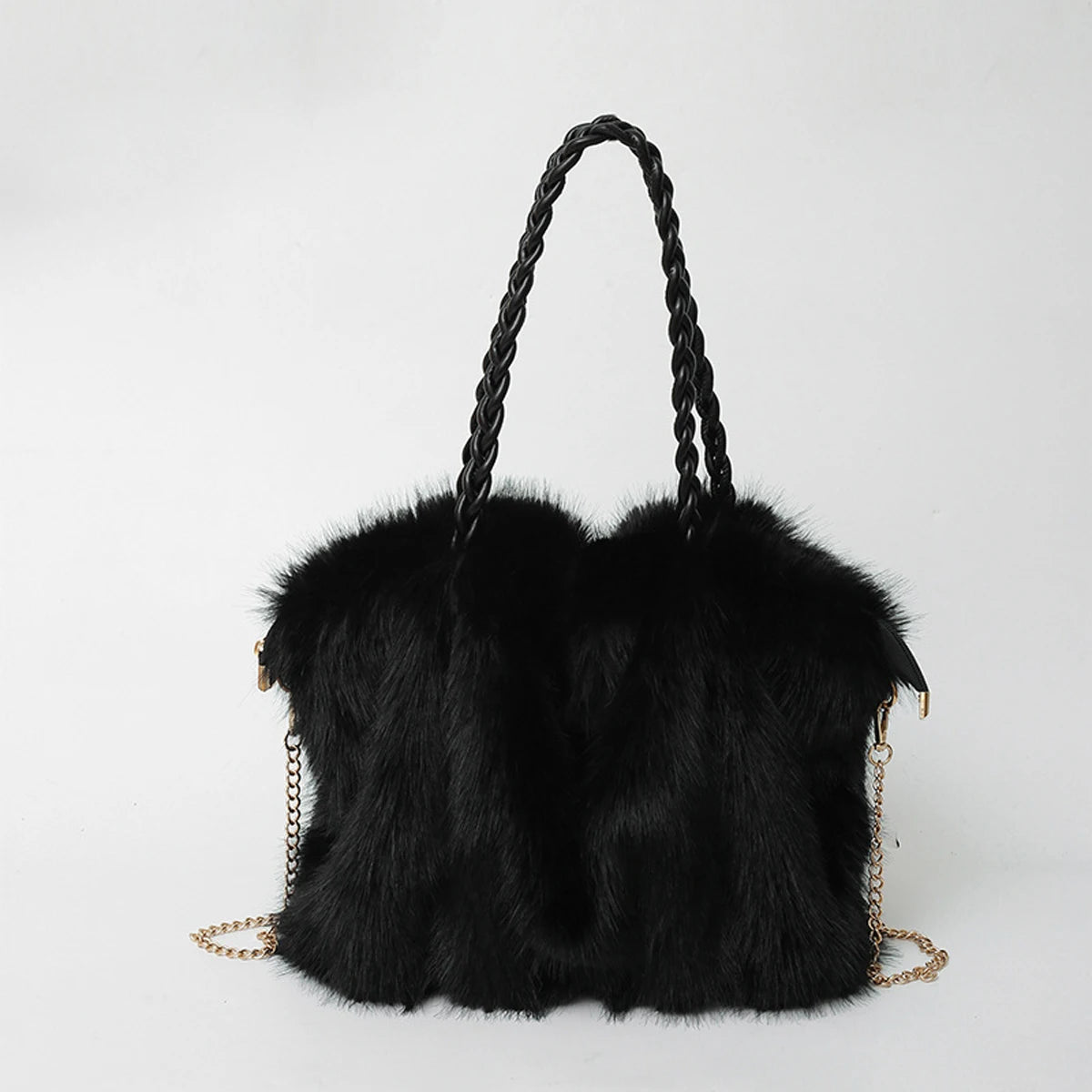 Plush Pleated Faux Fur Large Tote – High-End Crossbody with Metal Chain