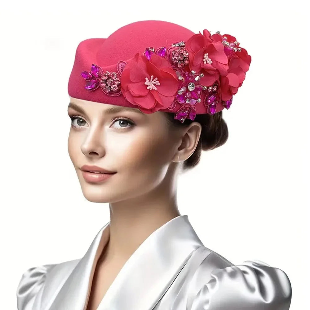 Beret Hats for Women British Felt hat stewardess Church Derby Headdress Women's Floral hat Suitable for Wedding Parties Events