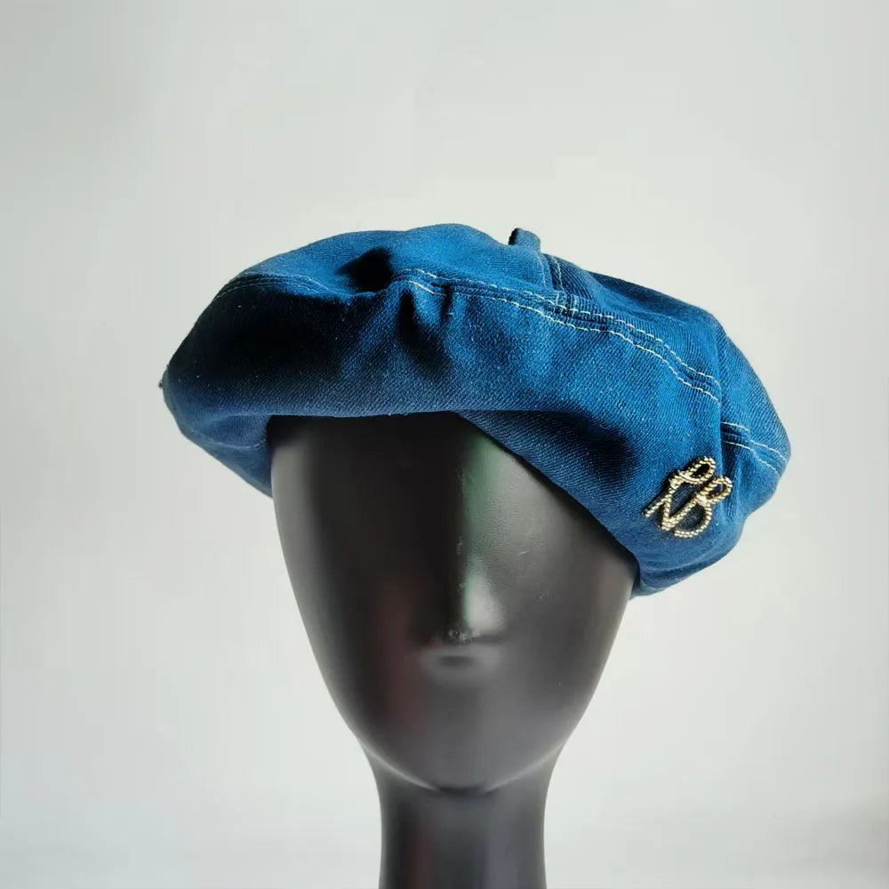 Vintage Fashion Washed Denim Beret Hat for Women with Golden R B Letter Newsboy Hats Casual Octagonal French Artist Painter Cap