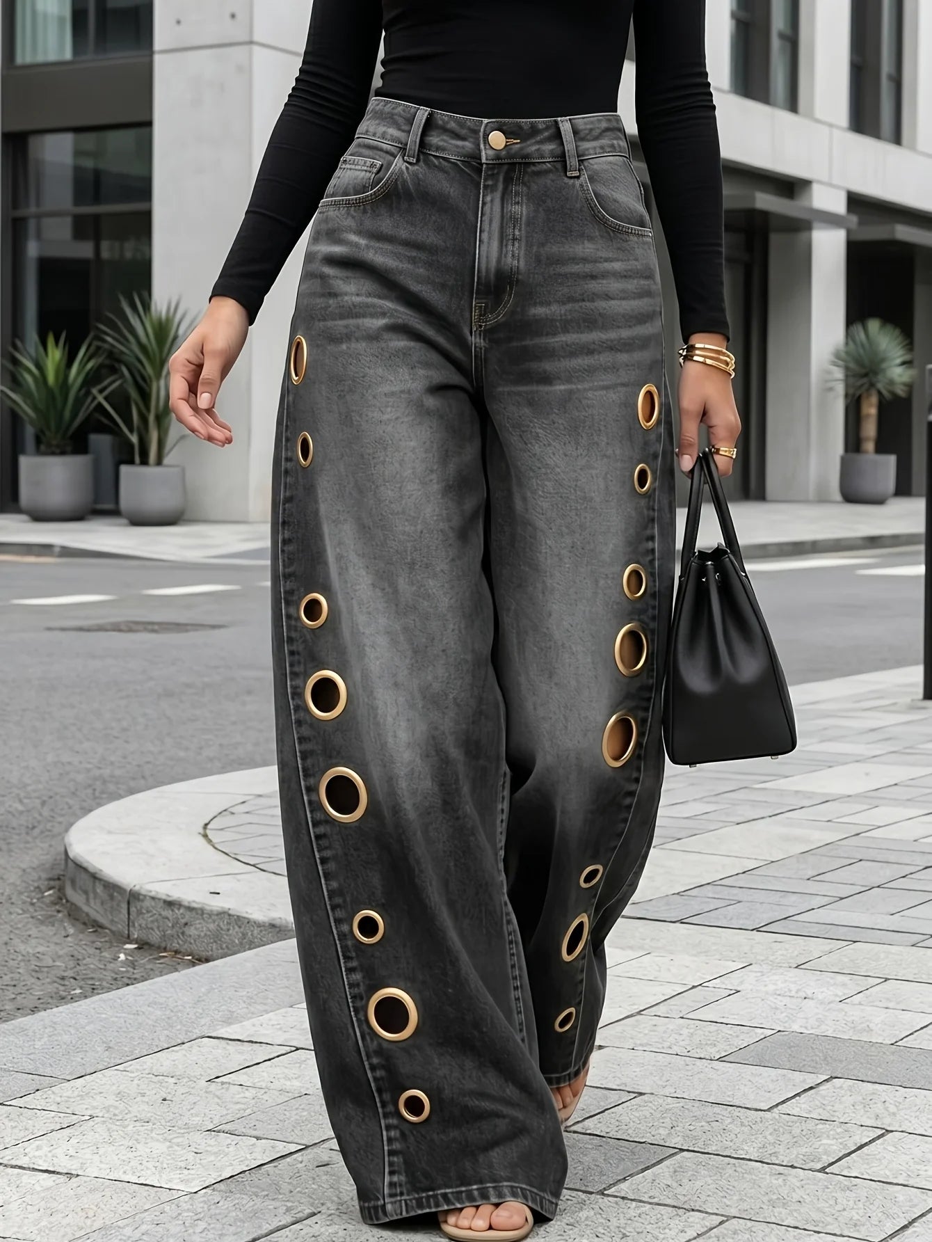 Wide-Leg Metallic Eyelet Jeans – High-Waist Denim