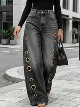 Wide-Leg Metallic Eyelet Jeans – High-Waist Denim