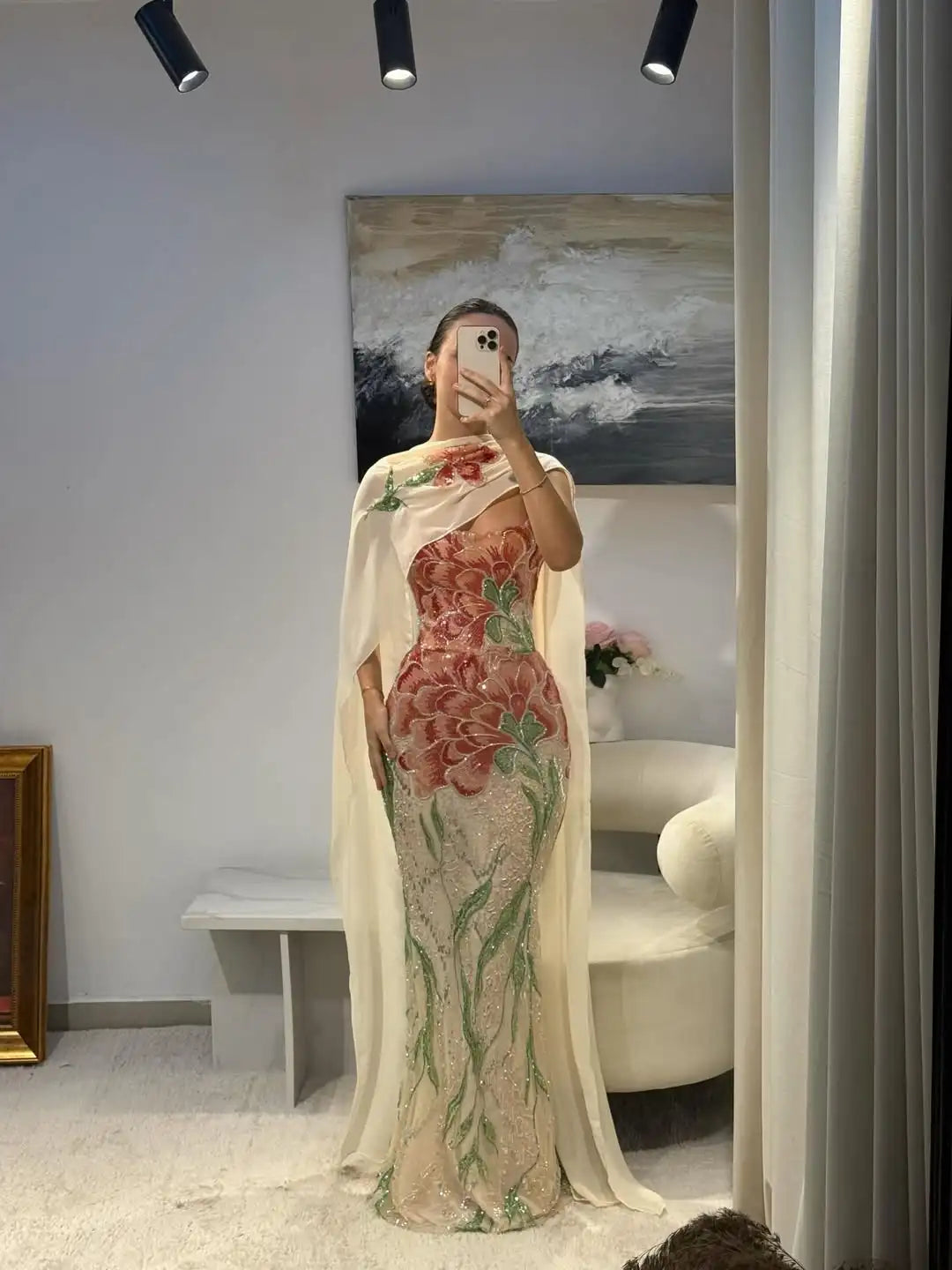Embroidered Floral Sequin Mermaid Gown with Detachable Shawl