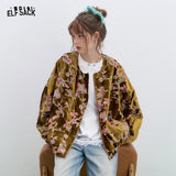 ELFSACK 2025 Gold Velvet Jacket Women's Winter Short Coat, Embroidered Goldfish Chinese Style Vintage Loose Padded Jacket