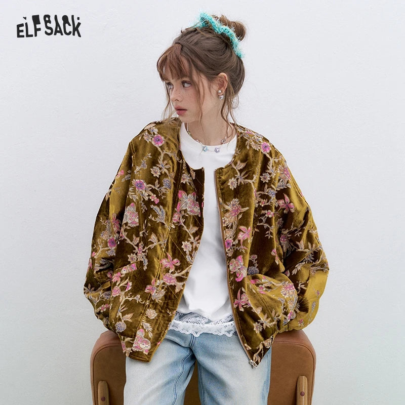 ELFSACK 2025 Gold Velvet Jacket Women's Winter Short Coat, Embroidered Goldfish Chinese Style Vintage Loose Padded Jacket