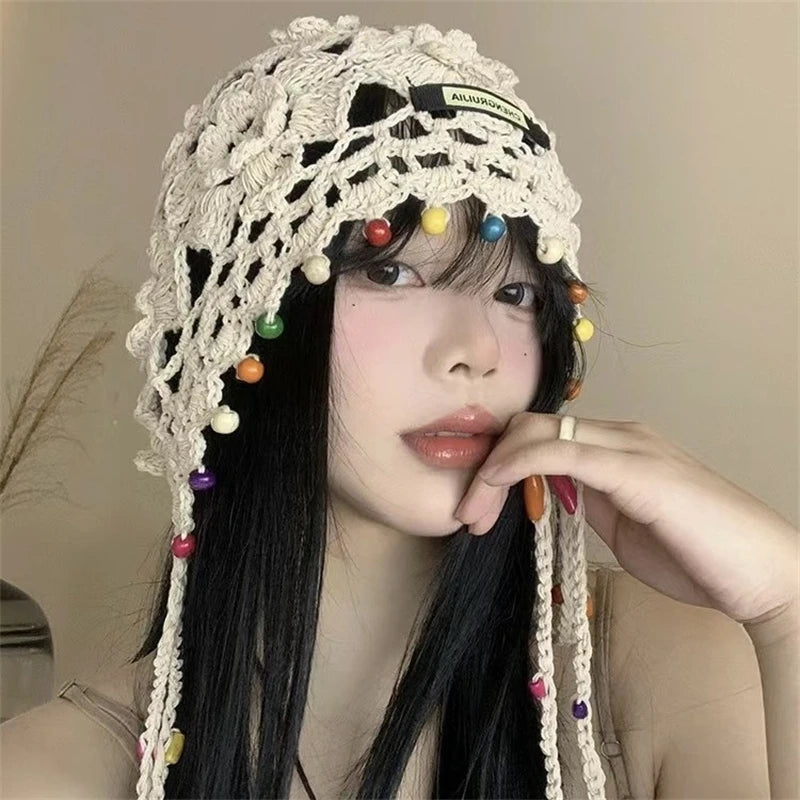 Bohemian tassel hand-knitted toe hat women's ethnic style vacation INS special beanies sweet cut-out versatile pullover hat