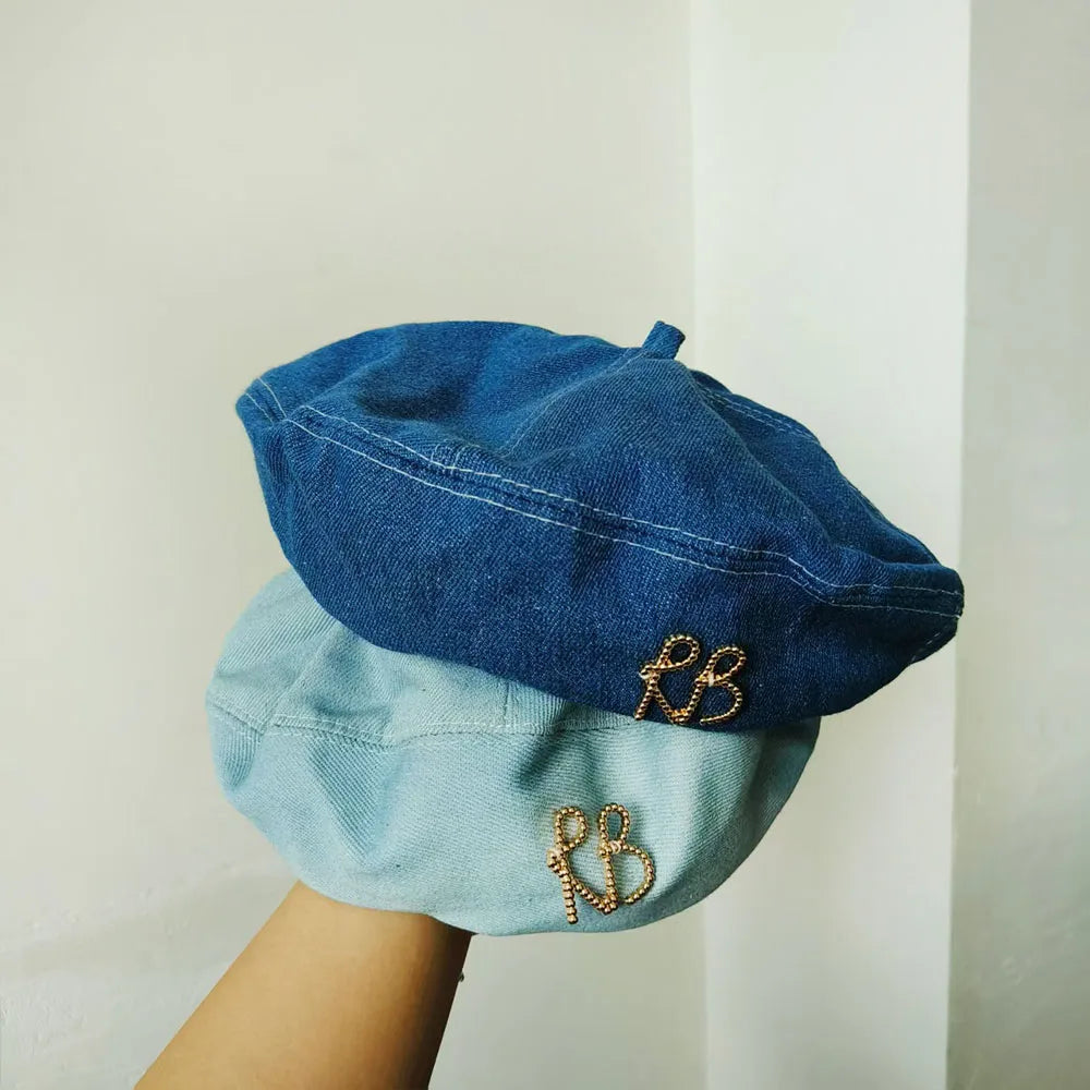 Vintage Fashion Washed Denim Beret Hat for Women with Golden R B Letter Newsboy Hats Casual Octagonal French Artist Painter Cap