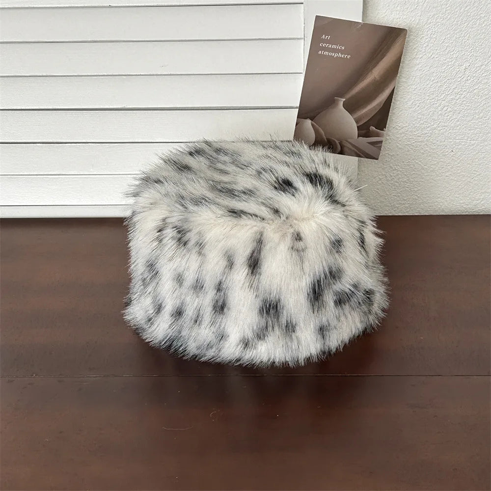 Faux Fur Hat for women for Winter leopard print hat Thickened Russian warm hat women Personality mongolian hat Fishermen Hat