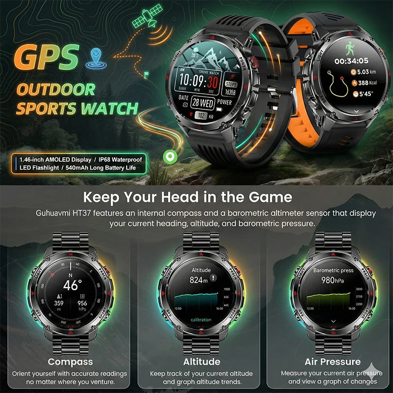 2026 New Military Bluetooth Call Smart Watch Built-in GPS Compass Barometric Altimeter 10ATM Waterproof Sports Smartwatches Men