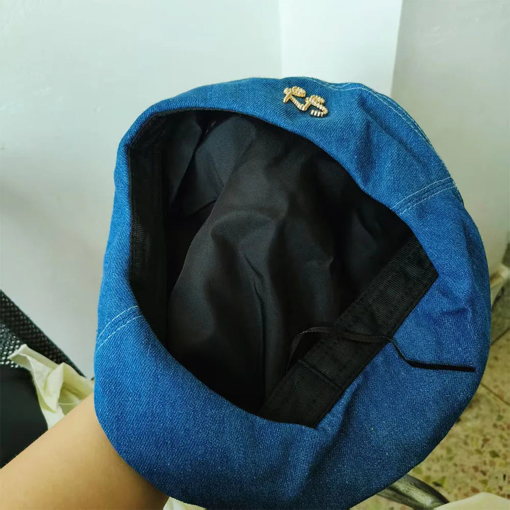 Vintage Fashion Washed Denim Beret Hat for Women with Golden R B Letter Newsboy Hats Casual Octagonal French Artist Painter Cap
