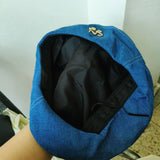 Vintage Fashion Washed Denim Beret Hat for Women with Golden R B Letter Newsboy Hats Casual Octagonal French Artist Painter Cap