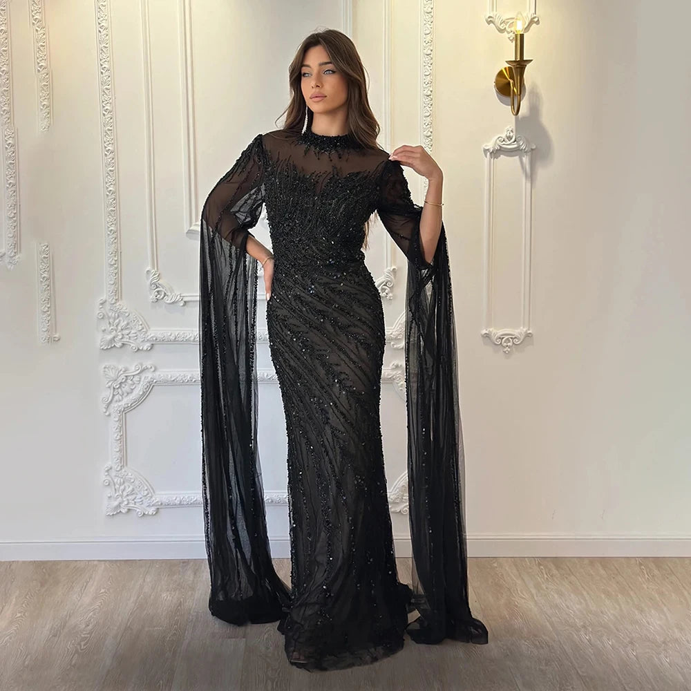 Luxury Beaded Mermaid Evening Gown | Cape Sleeve