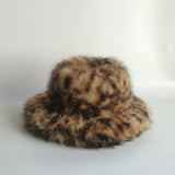 Luxurious leopard print faux fur bucket hat Warm Thickened hat women Cozy Fashionable Winter Gift Fishermen Hats Fluffy Snow cap
