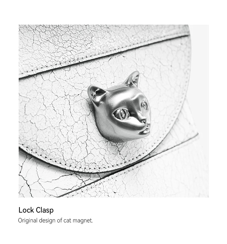 BAFELLI 2026 New Arrival: Unique Cracked Leather Shoulder Bag with Cat Head Design, Luxury Brand Mini Crossbody Bag