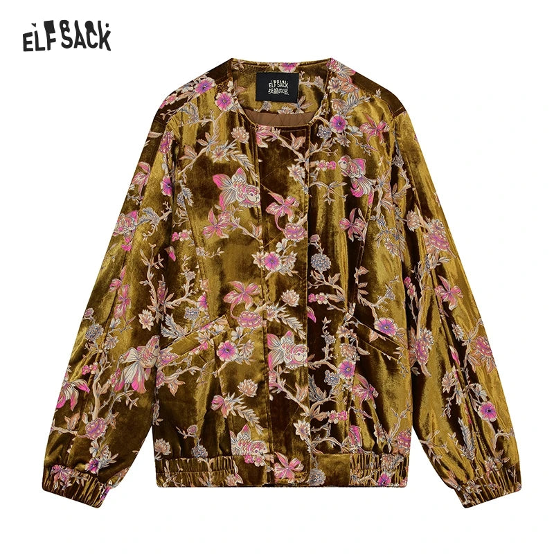 ELFSACK 2025 Gold Velvet Jacket Women's Winter Short Coat, Embroidered Goldfish Chinese Style Vintage Loose Padded Jacket