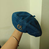 Vintage Fashion Washed Denim Beret Hat for Women with Golden R B Letter Newsboy Hats Casual Octagonal French Artist Painter Cap