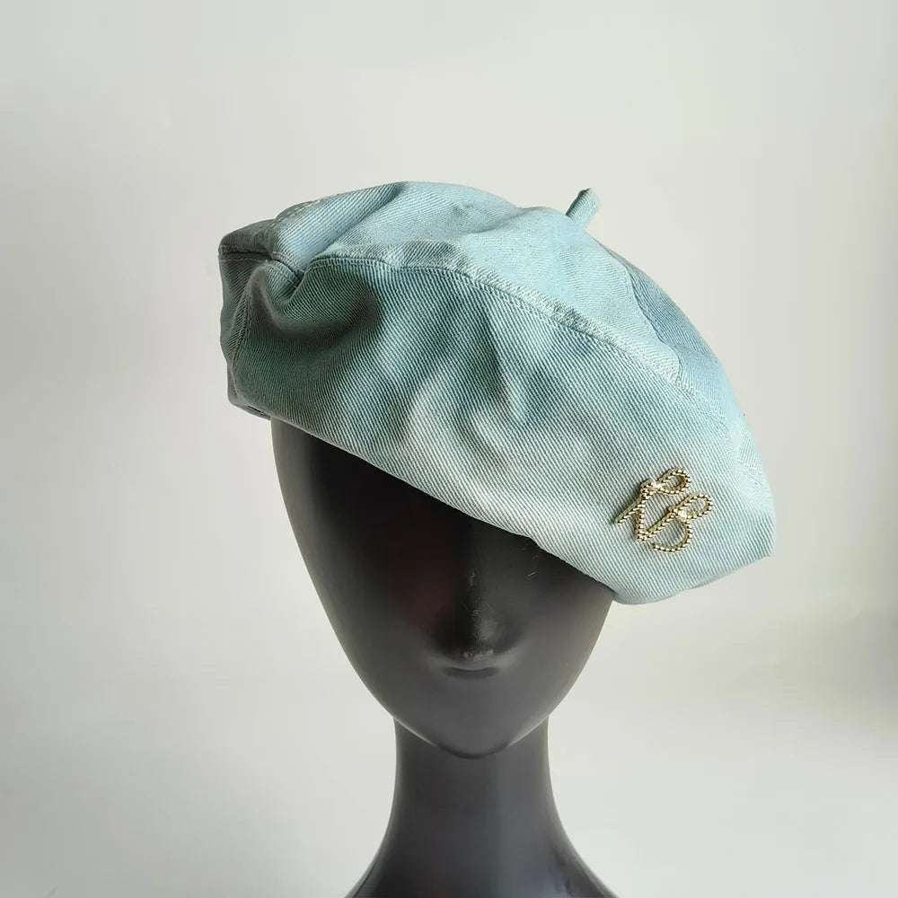 Vintage Fashion Washed Denim Beret Hat for Women with Golden R B Letter Newsboy Hats Casual Octagonal French Artist Painter Cap
