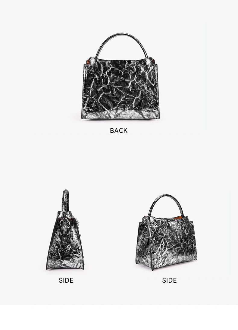 2026 New Top Layer Cowhide Leather Rivet Handbag Adjustable Shoulder Strap Crossbody Handbag