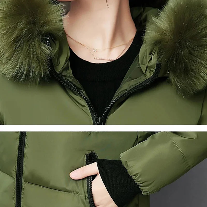Elegant Fur-Collar Hooded Parka