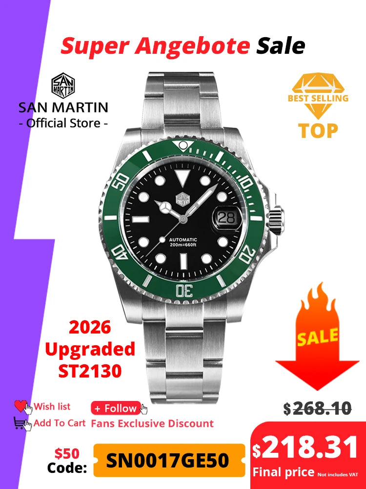 San Martin New 40mm Water Ghost Diver Watch Men Luxury ST 2130 Automatic Mechanical Watch Sapphire Waterproof 200m SN0017