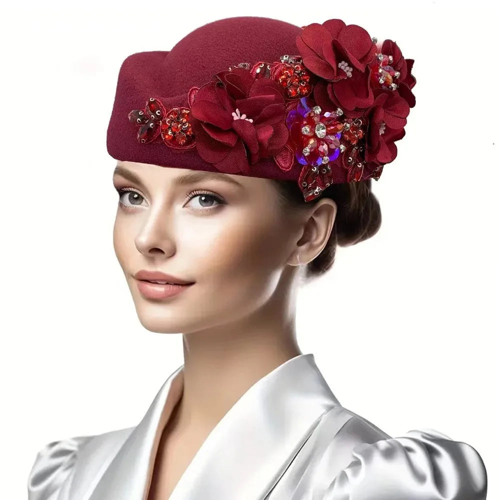 Beret Hats for Women British Felt hat stewardess Church Derby Headdress Women's Floral hat Suitable for Wedding Parties Events