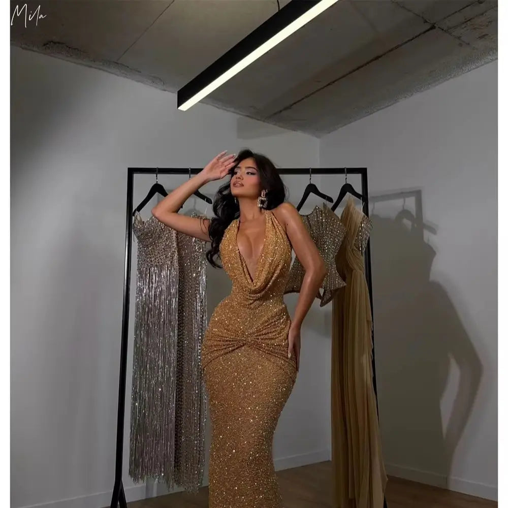 Mila Golden Glitter Formal Gown | Lace & Silk Evening Dress