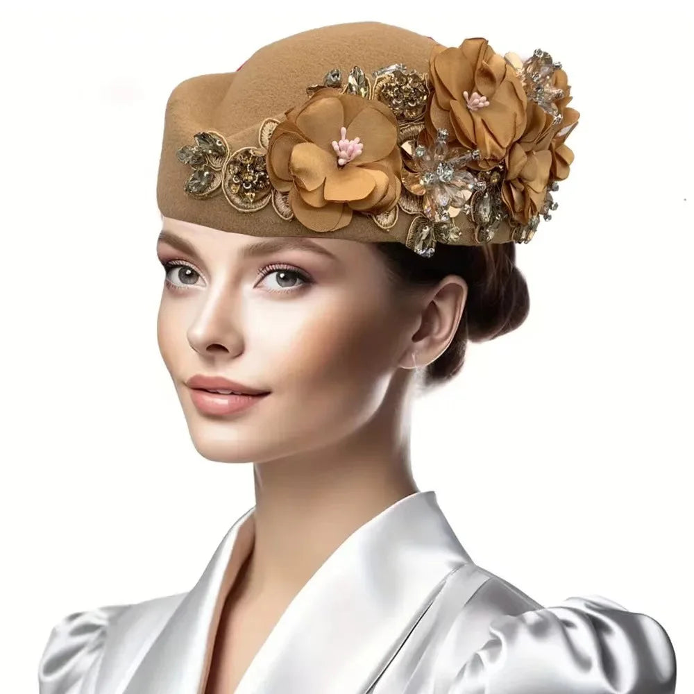 Beret Hats for Women British Felt hat stewardess Church Derby Headdress Women's Floral hat Suitable for Wedding Parties Events