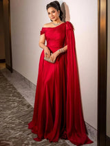 Sharon Said Red Off-Shoulder Satin Evening Gown with Bow Cape