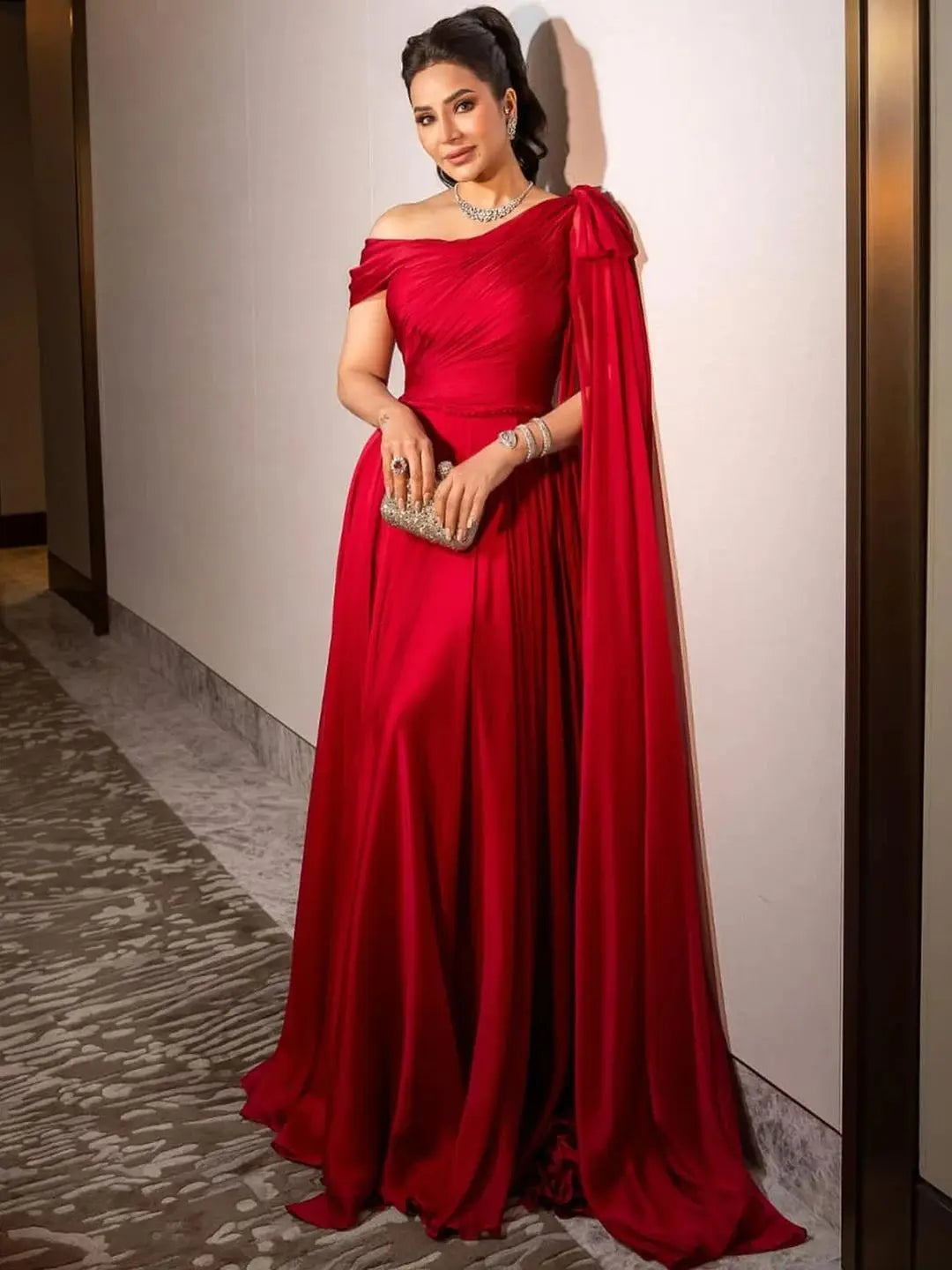 Sharon Said Red Off-Shoulder Satin Evening Gown with Bow Cape