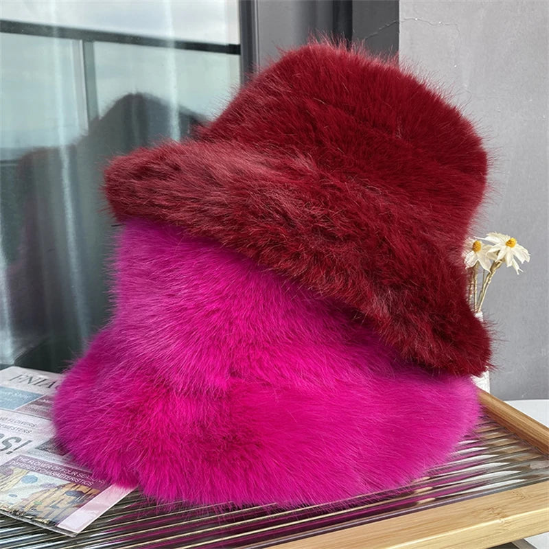 Faux Fur Bucket Hat Hot Warm Imitation Fur Thickened Autumn Winter hat Personality Fishermen Hats for women Bracer Plush hat겨울모자