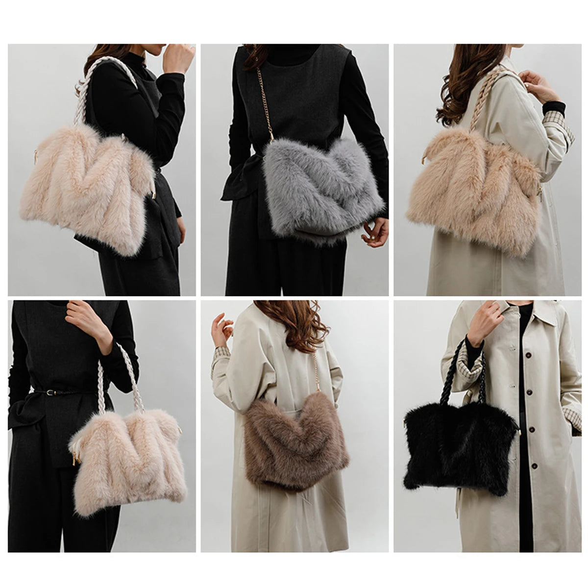 Plush Pleated Faux Fur Large Tote – High-End Crossbody with Metal Chain