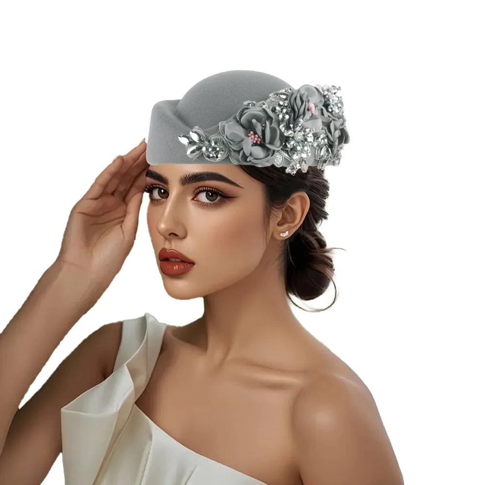 Beret Hats for Women British Felt hat stewardess Church Derby Headdress Women's Floral hat Suitable for Wedding Parties Events