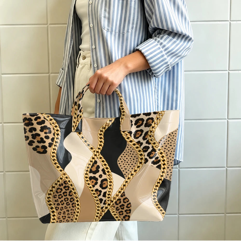 Leopard & Chain Print Glossy Tote Bag