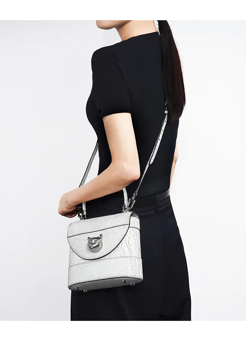 BAFELLI 2026 New Arrival: Unique Cracked Leather Shoulder Bag with Cat Head Design, Luxury Brand Mini Crossbody Bag