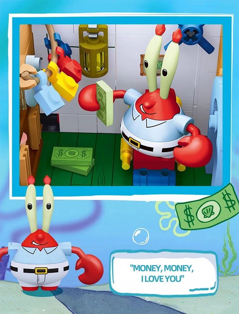 Spongebob Cartoon Krusty Krab Restaurant Building Blocks Creative Canteen Scenes Model Bricks Desktop Ornaments Fans Toys Gifts