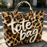 Retro Leopard Print Tote Bag with Zipper Pocket