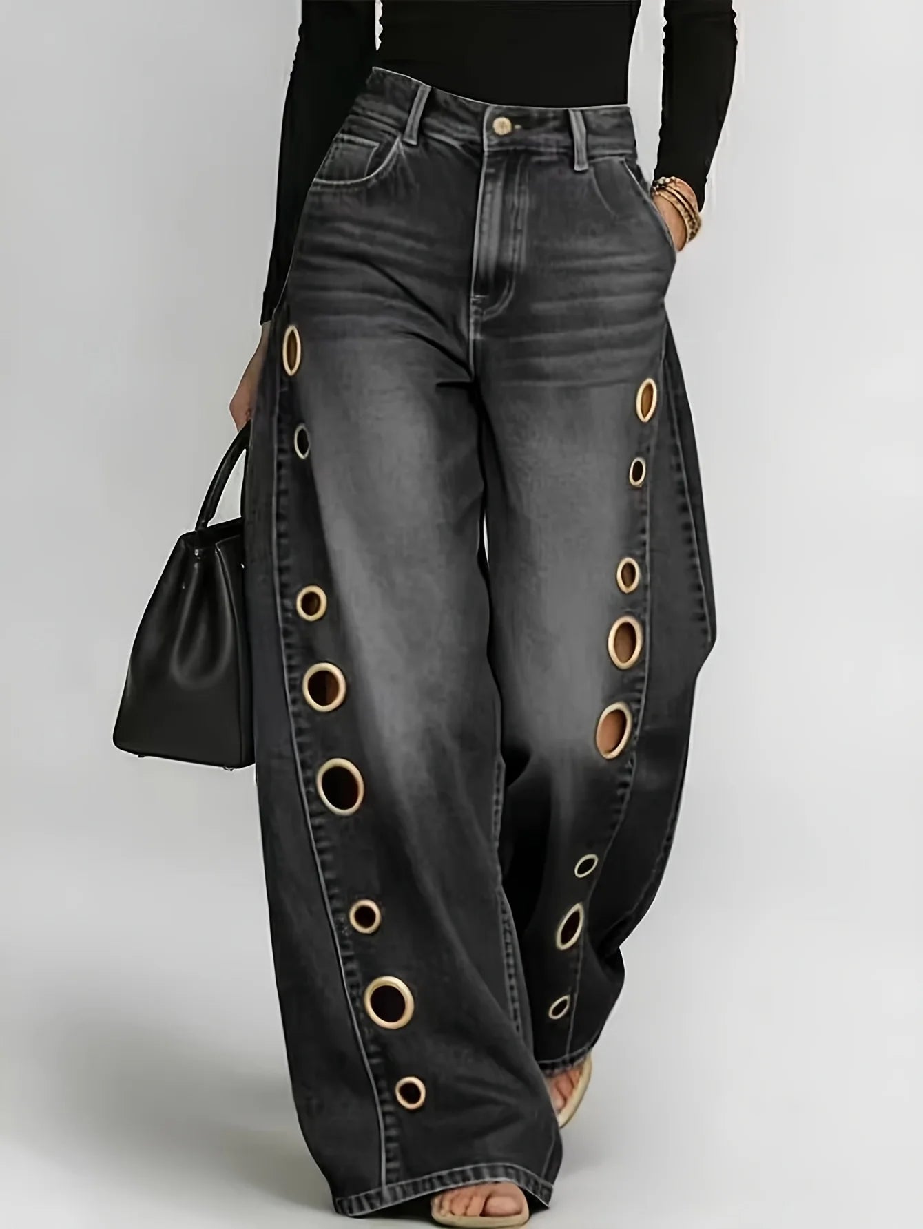 Wide-Leg Metallic Eyelet Jeans – High-Waist Denim