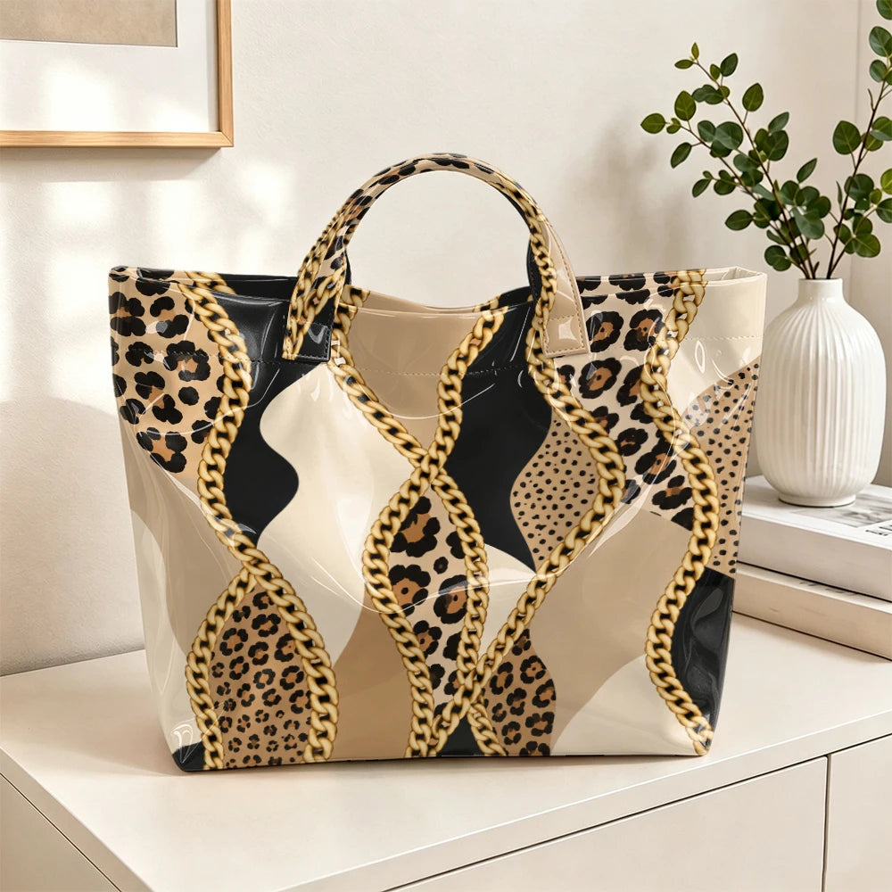 Leopard & Chain Print Glossy Tote Bag