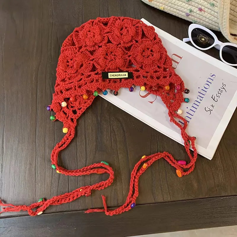 Bohemian tassel hand-knitted toe hat women's ethnic style vacation INS special beanies sweet cut-out versatile pullover hat