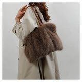 Plush Pleated Faux Fur Large Tote – High-End Crossbody with Metal Chain