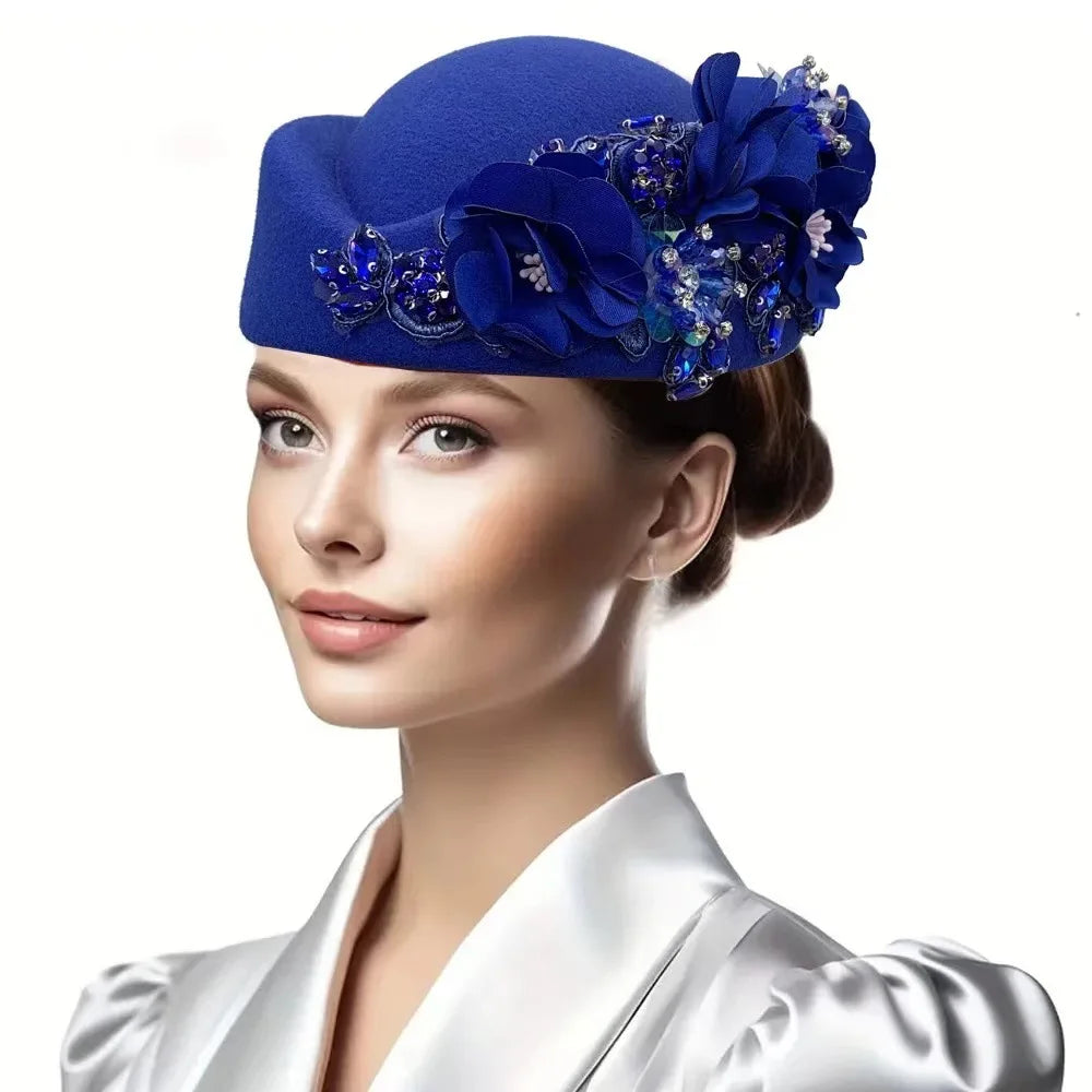 Beret Hats for Women British Felt hat stewardess Church Derby Headdress Women's Floral hat Suitable for Wedding Parties Events