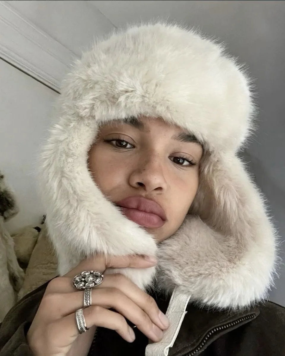 INS Fashion Faux Fur pilot Hat Bomber hat women ski cap winter hat faux fur Trapper hat thickened warm шапка ушанка